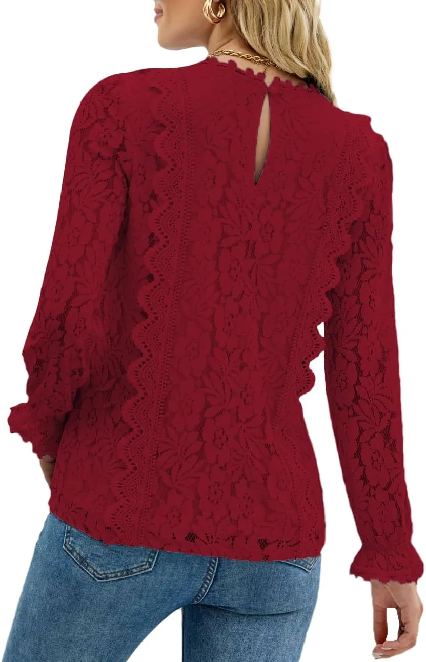 LYANER Women's Elegant Lace V Neck Lined Long Sleeve Tunic Blouse Shirt Top
