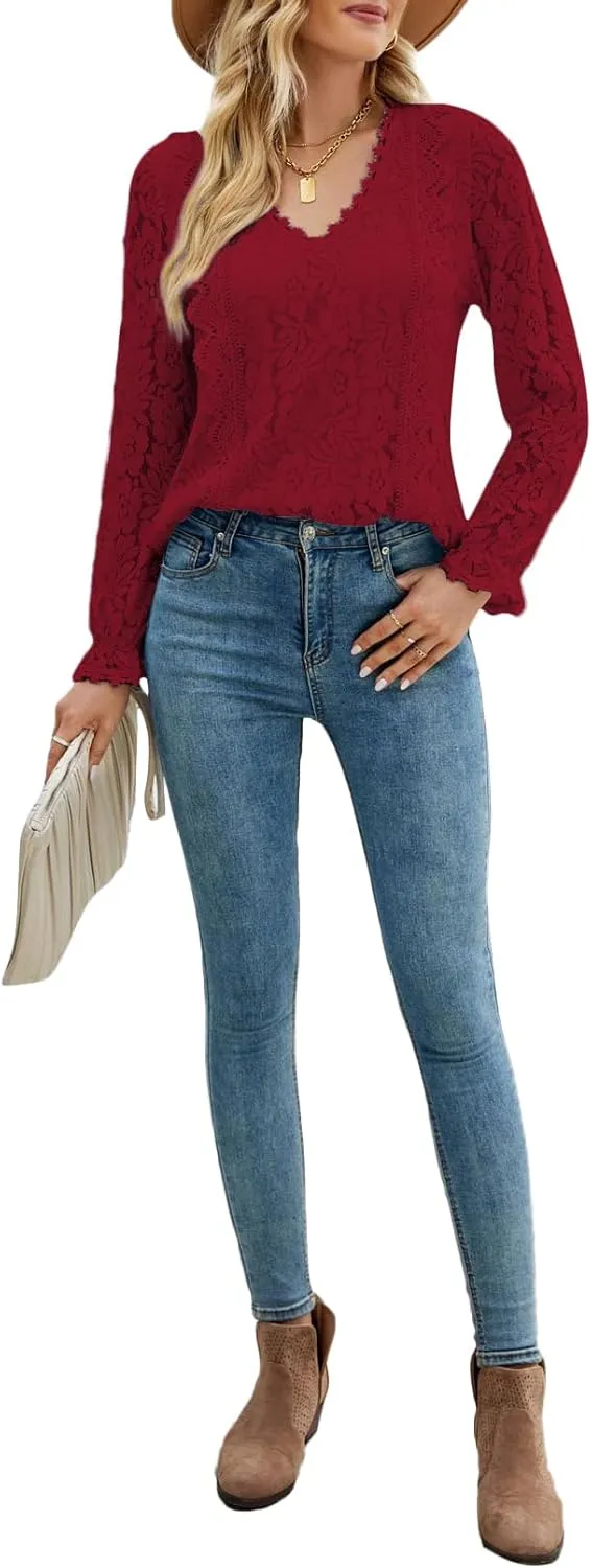 LYANER Women's Elegant Lace V Neck Lined Long Sleeve Tunic Blouse Shirt Top