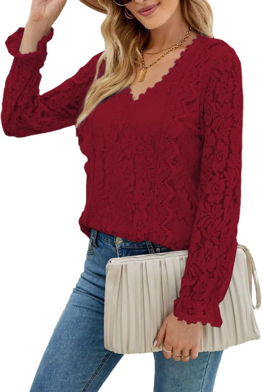 LYANER Women's Elegant Lace V Neck Lined Long Sleeve Tunic Blouse Shirt Top