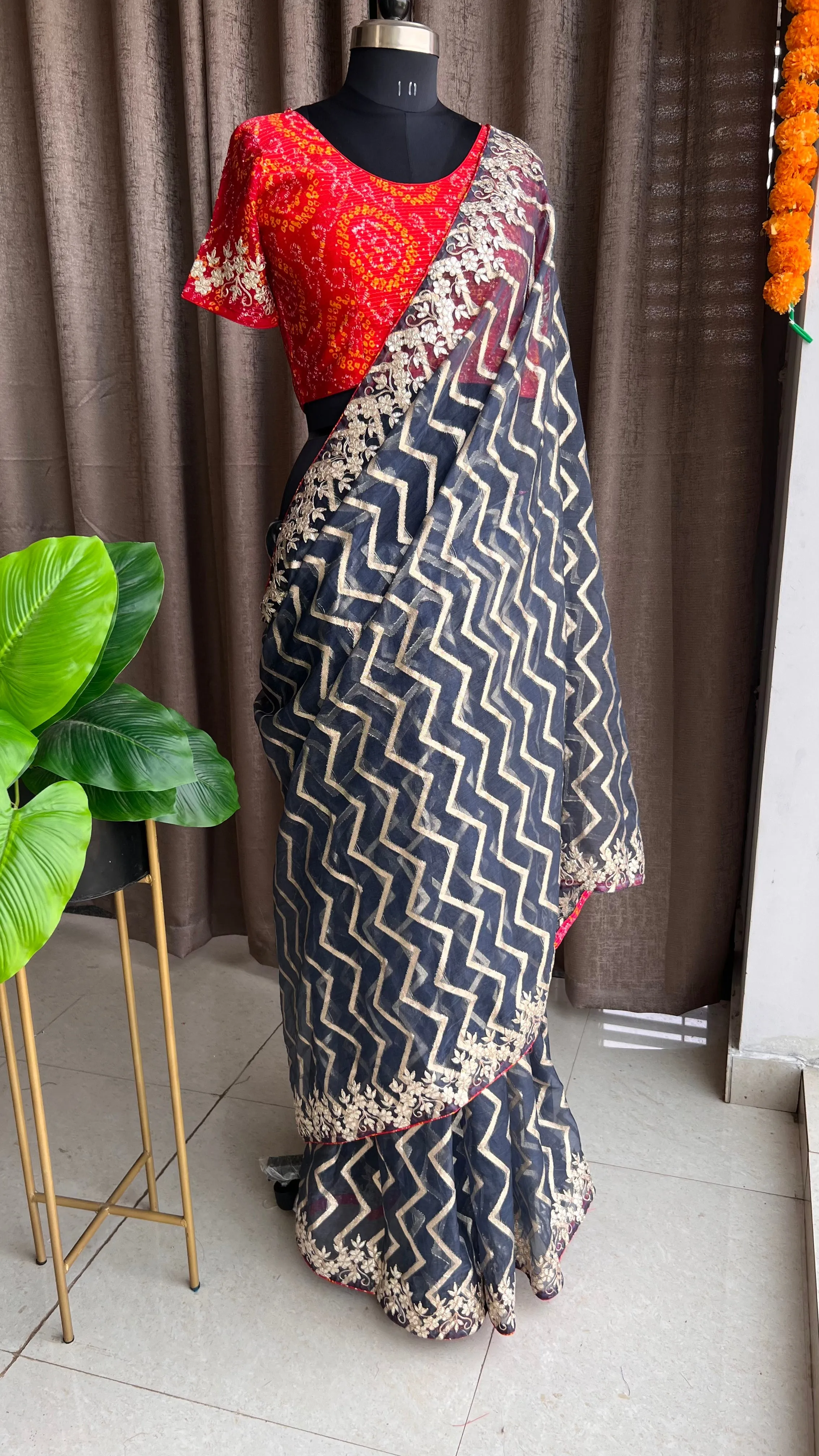 Midnight Blue organza saree with chiffon embroidery blouse