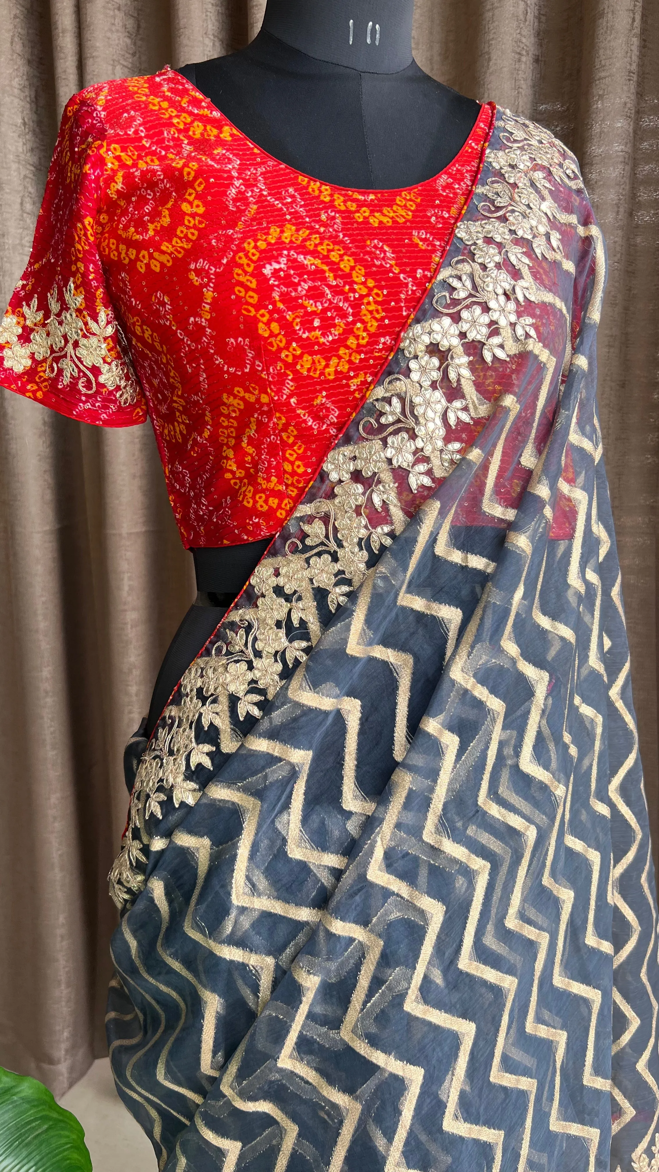 Midnight Blue organza saree with chiffon embroidery blouse