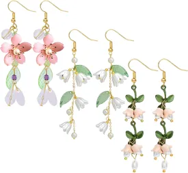 NEWITIN 3 Pairs Long Flower Earrings for Women Hypoallergenic Earring Leaf Floral Tassel Earring Statement Flower Dangle Pink Floral Earrings for Women