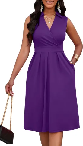 Nmoder Women Summer Dresses Cocktail Midi Dress A-Line Casual Wrap V Neck Sleeveless Pleated Hem Sundress with Pockets
