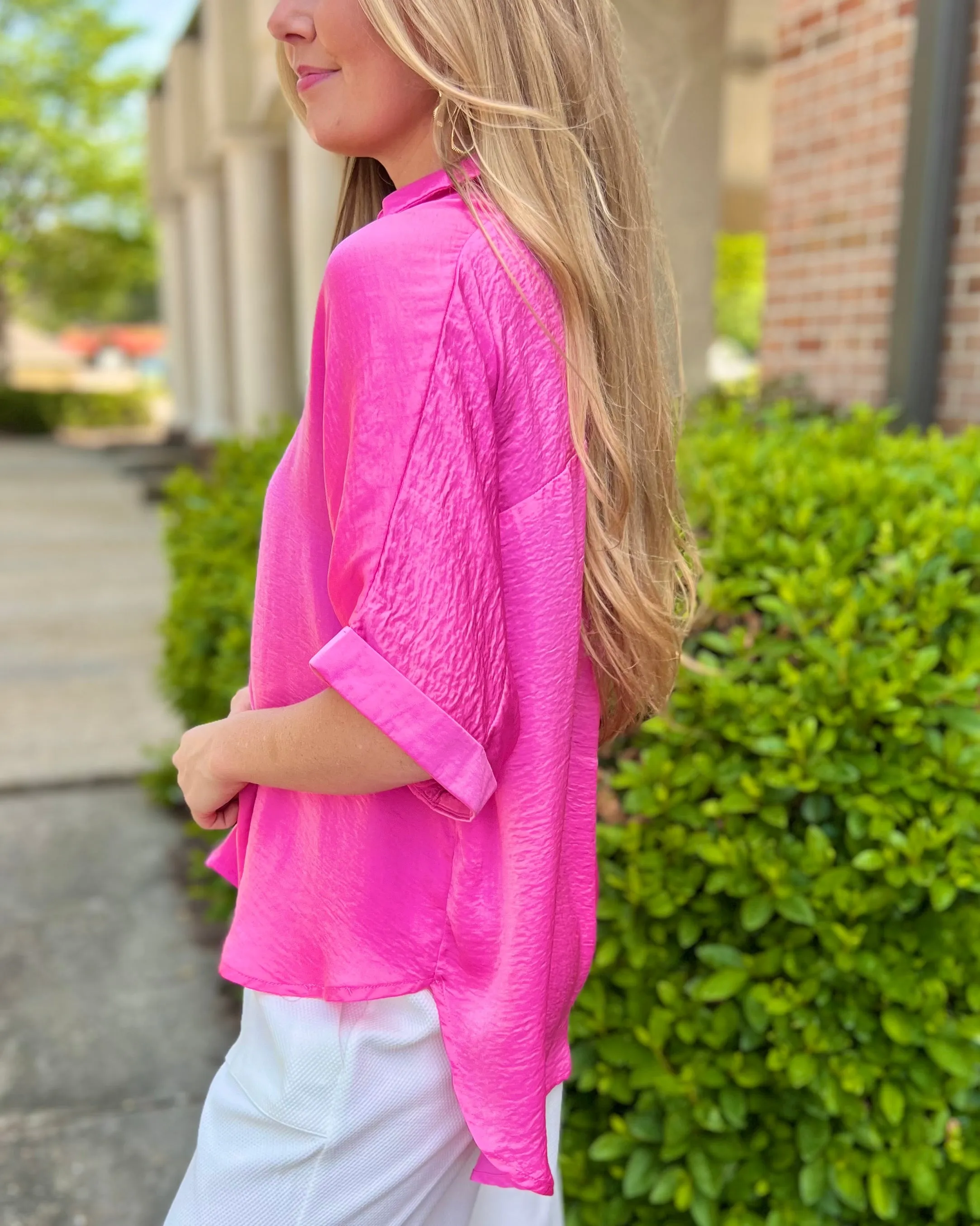 No Matter What Pink V Neck Collared High Low Hem Blouse