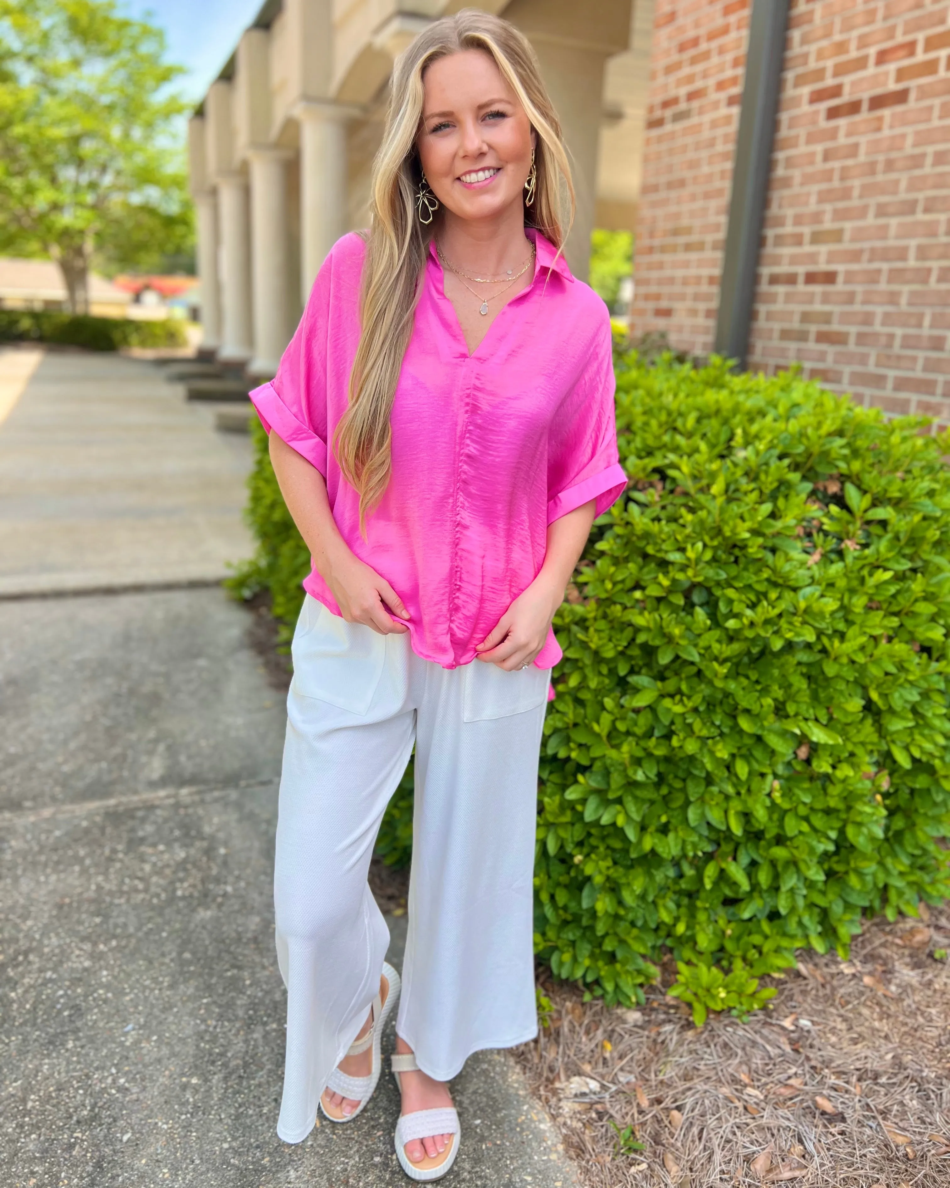 No Matter What Pink V Neck Collared High Low Hem Blouse
