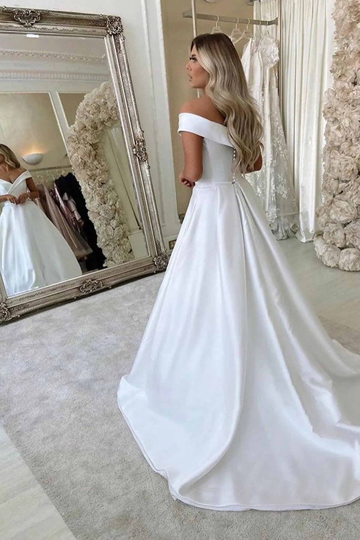 Off Shoulder White Satin Long Prom Dress, Off the Shoulder Formal Dress, White Evening Dress A1783