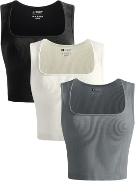 OLCHEE Womens 3 Pack Crop Tank Tops Seamless Ribbed Square Neck Tapered Shoulder Strap Sleeveless Workout Top Summer Shirts