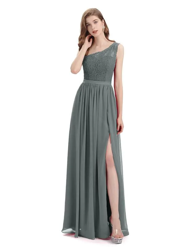 One-Shoulder A-line Top Lace Floor-Length Bridesmaid Dresses