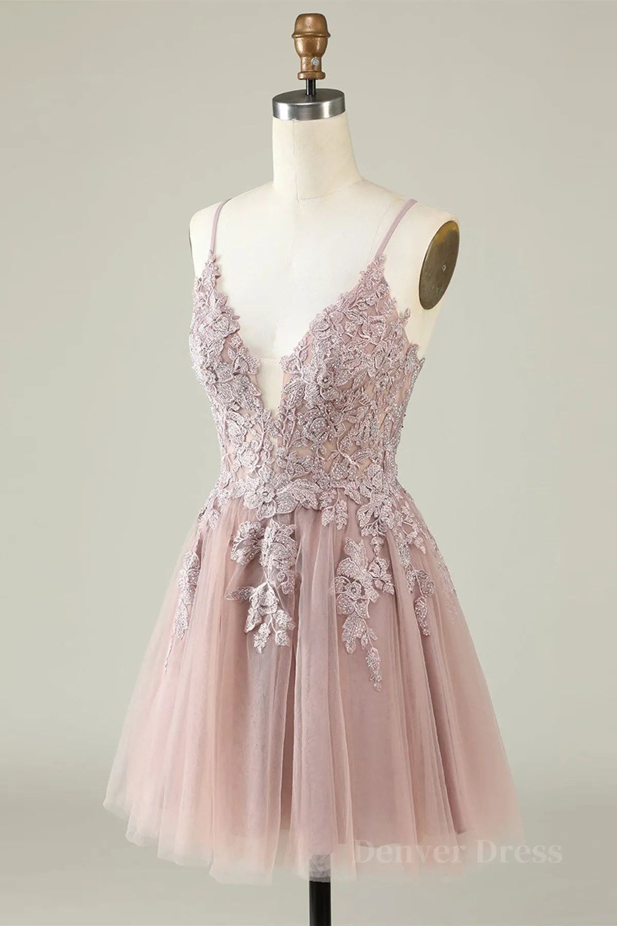 Open Back V Neck Pink Lace Appliques Prom Dress Pink Lace Homecoming Dress Short Pink Formal Graduation Evening Dress