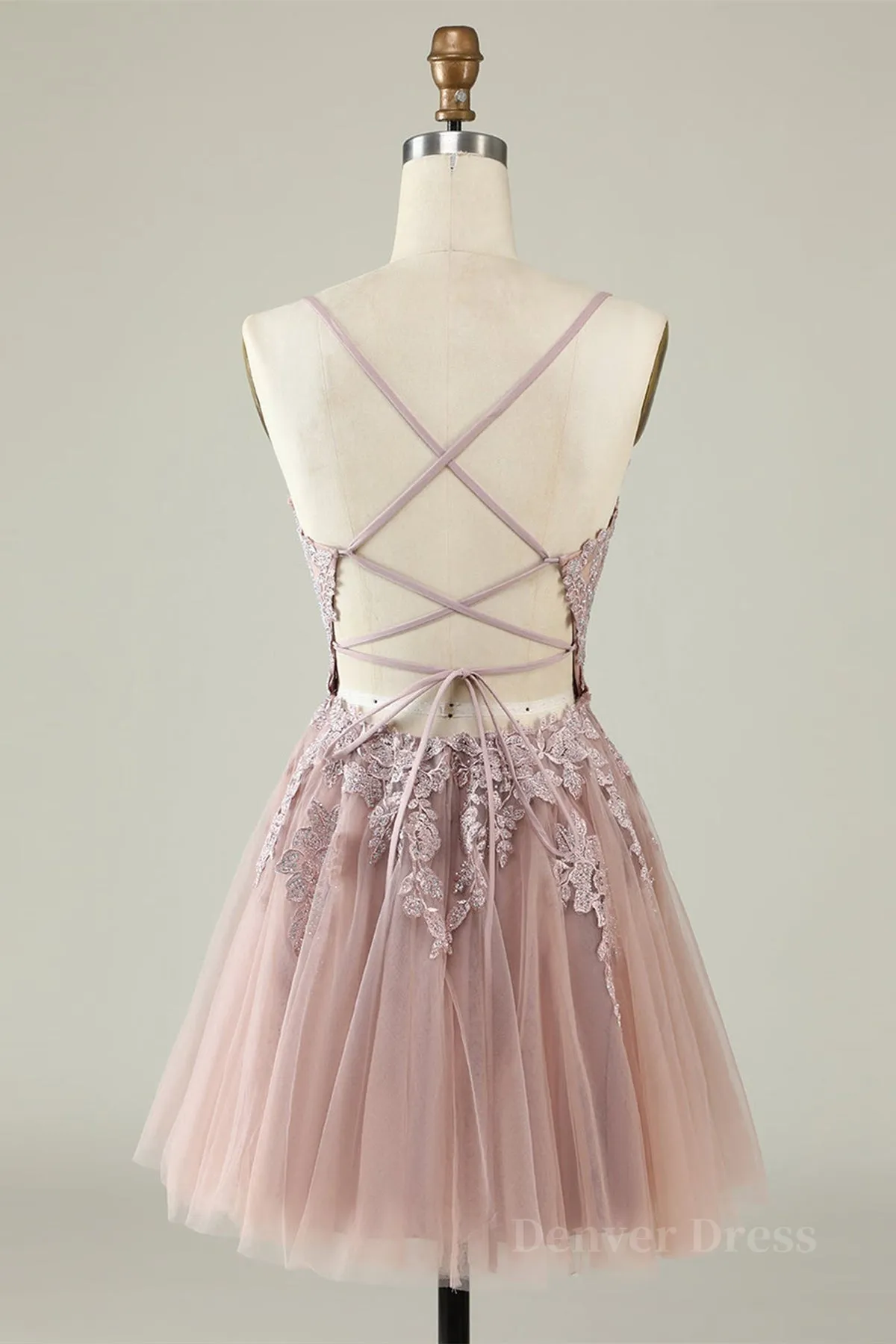 Open Back V Neck Pink Lace Appliques Prom Dress Pink Lace Homecoming Dress Short Pink Formal Graduation Evening Dress
