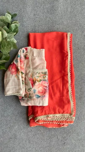 Orange chiffon saree with chanderi cotton blouse