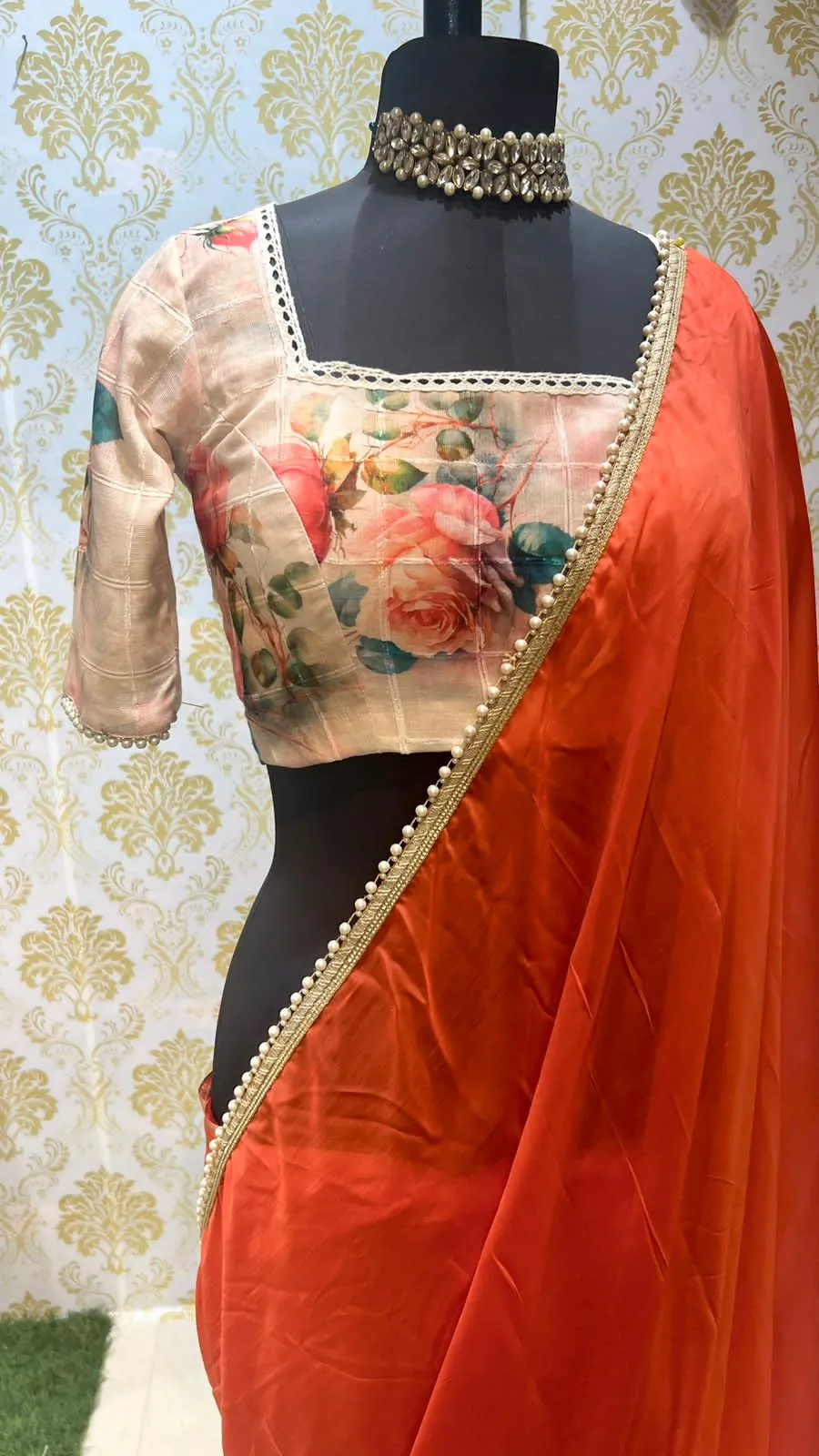 Orange chiffon saree with chanderi cotton blouse