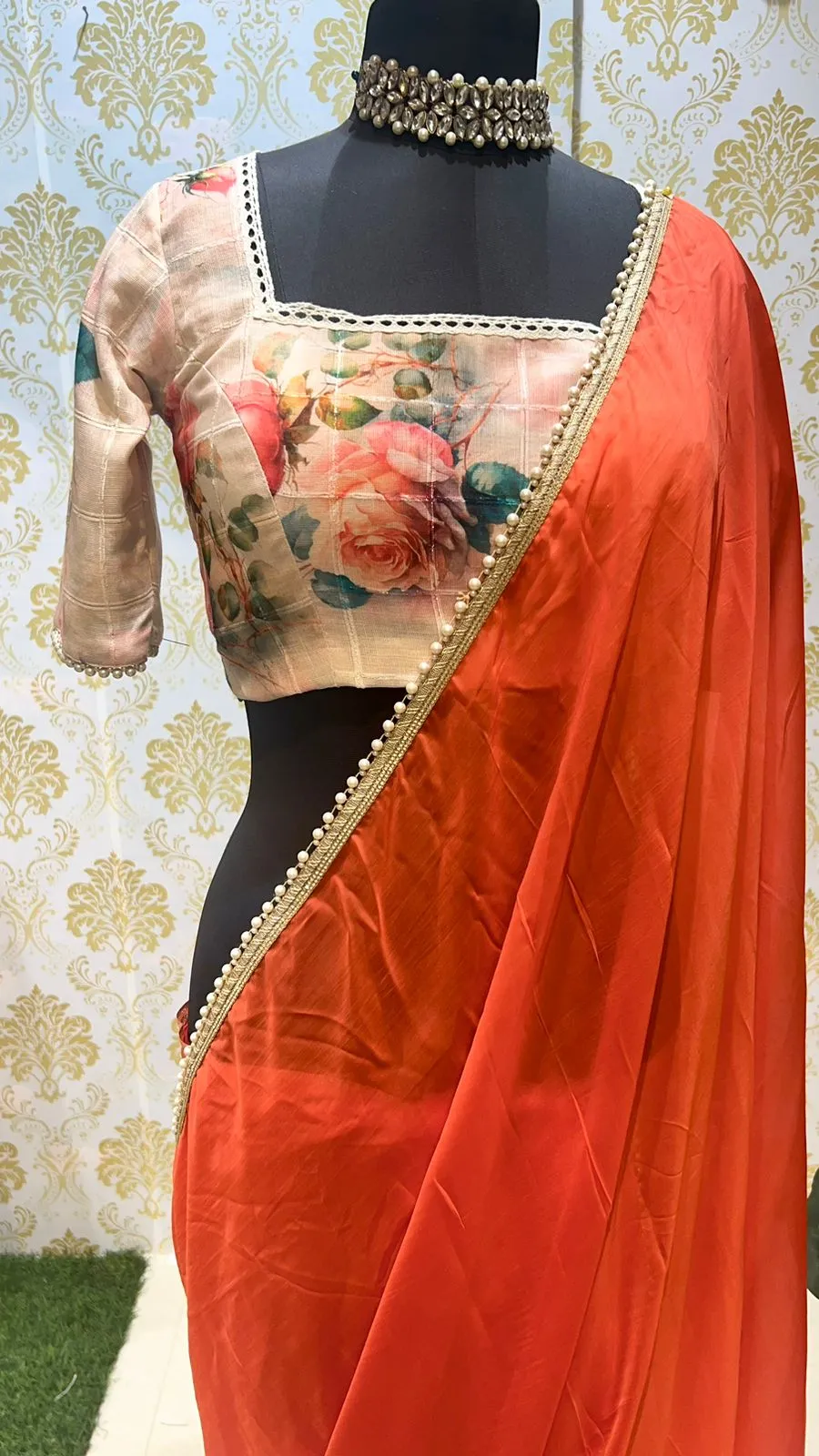 Orange chiffon saree with chanderi cotton blouse