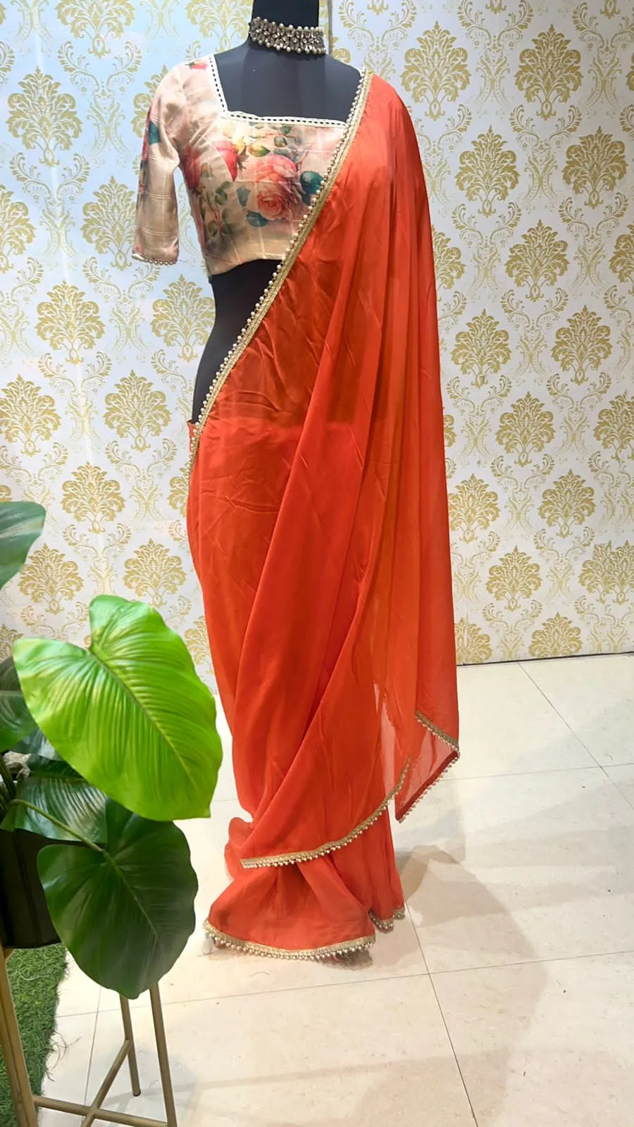 Orange chiffon saree with chanderi cotton blouse