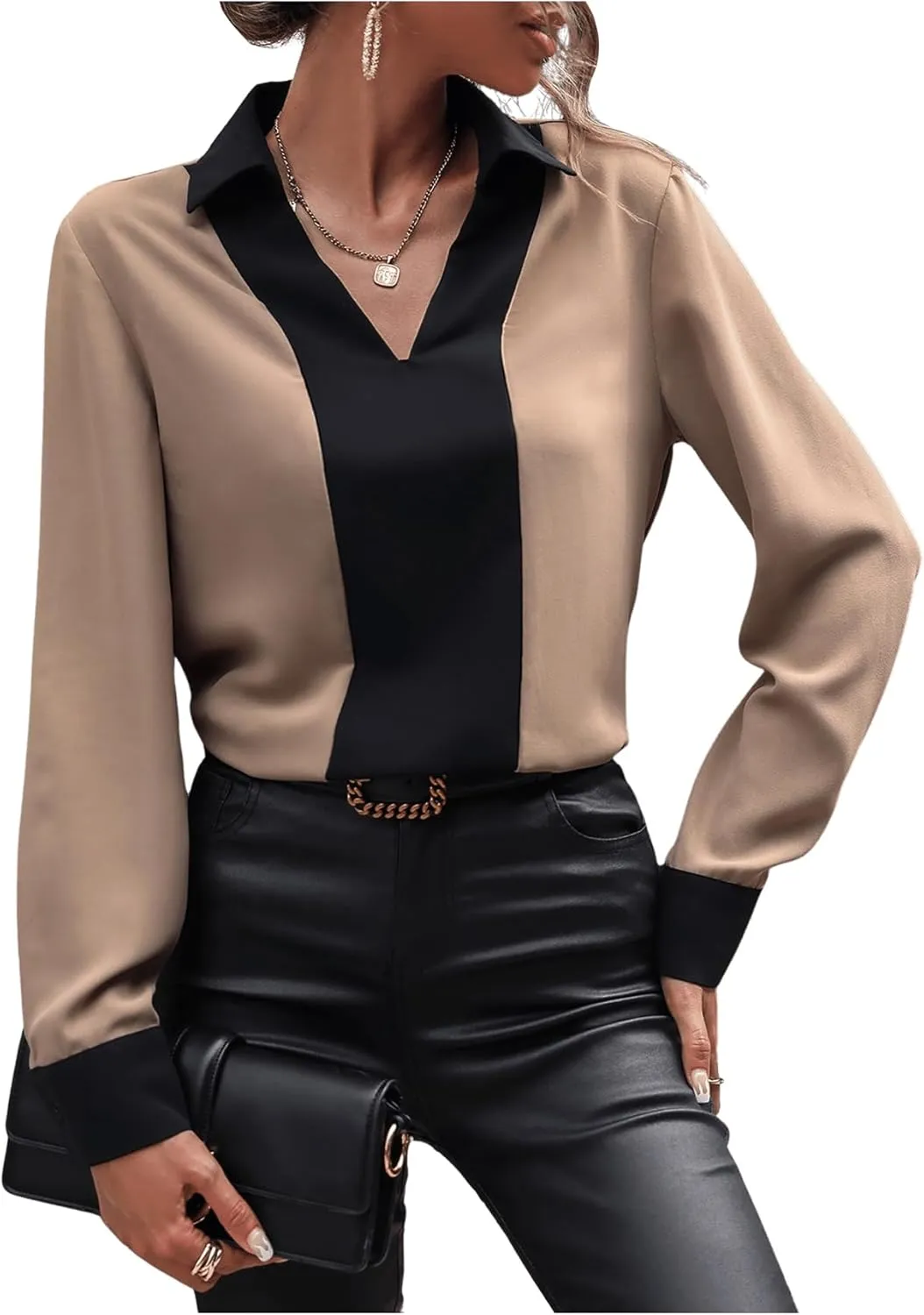 OYOANGLE Women's Colorblock V Neck Long Sleeve Collared Shirt Work Office Blouse Tops