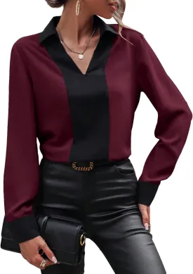 OYOANGLE Women's Colorblock V Neck Long Sleeve Collared Shirt Work Office Blouse Tops