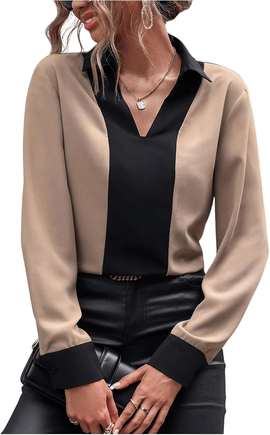 OYOANGLE Women's Colorblock V Neck Long Sleeve Collared Shirt Work Office Blouse Tops