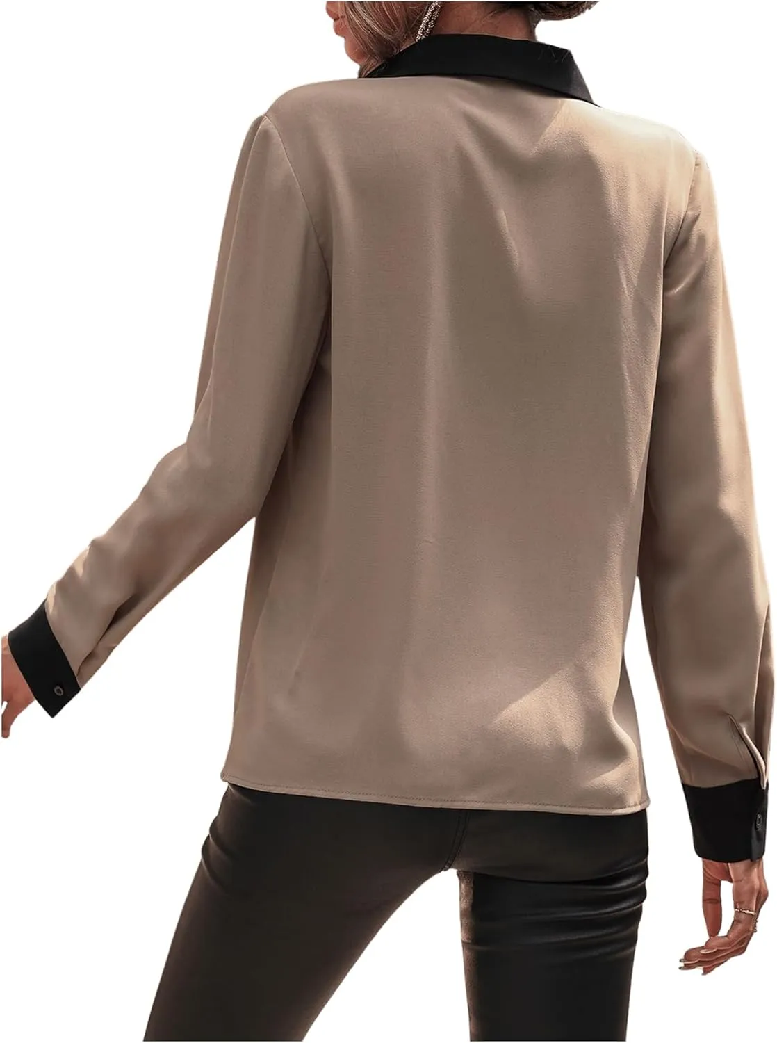OYOANGLE Women's Colorblock V Neck Long Sleeve Collared Shirt Work Office Blouse Tops