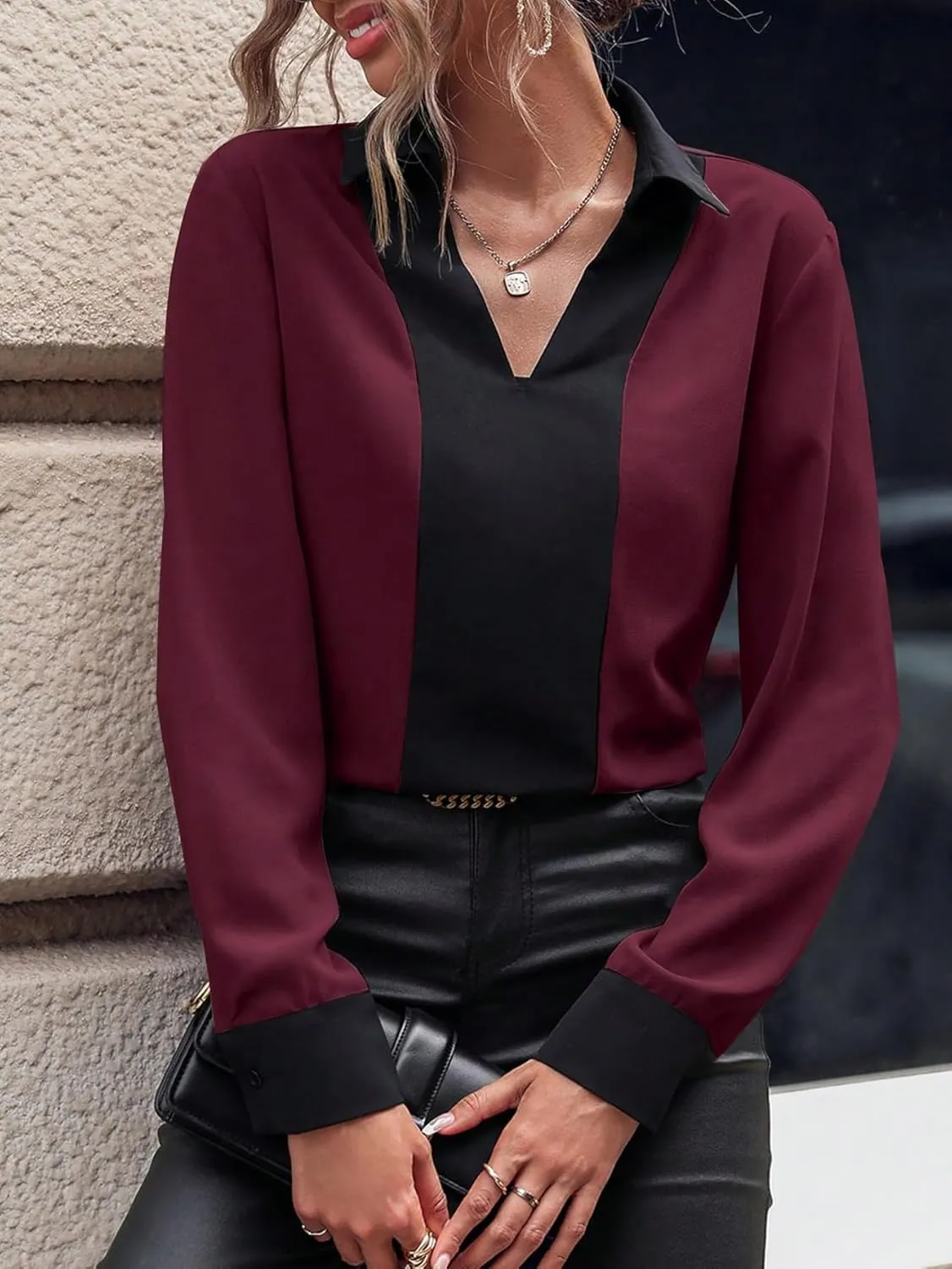 OYOANGLE Women's Colorblock V Neck Long Sleeve Collared Shirt Work Office Blouse Tops
