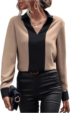 OYOANGLE Women's Colorblock V Neck Long Sleeve Collared Shirt Work Office Blouse Tops