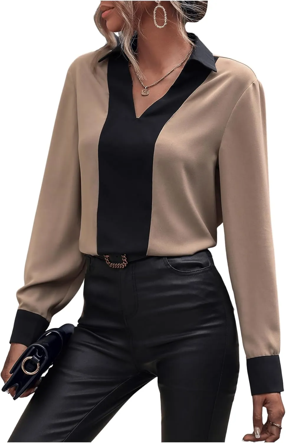 OYOANGLE Women's Colorblock V Neck Long Sleeve Collared Shirt Work Office Blouse Tops