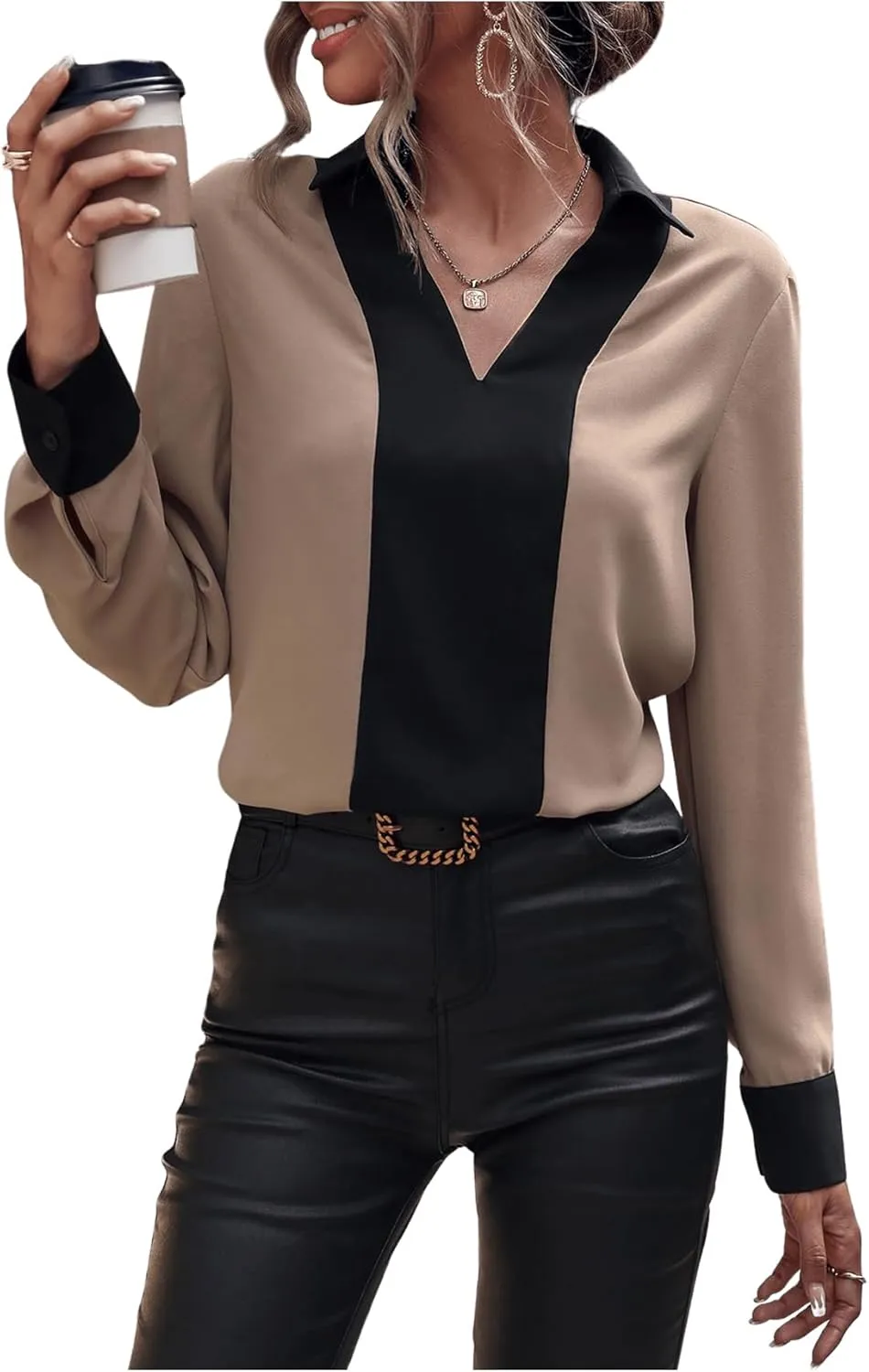 OYOANGLE Women's Colorblock V Neck Long Sleeve Collared Shirt Work Office Blouse Tops