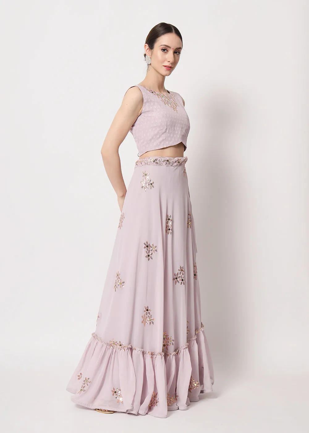 Party Wear Attractive Dusky Pink Georgette Patterned Lehenga Choli