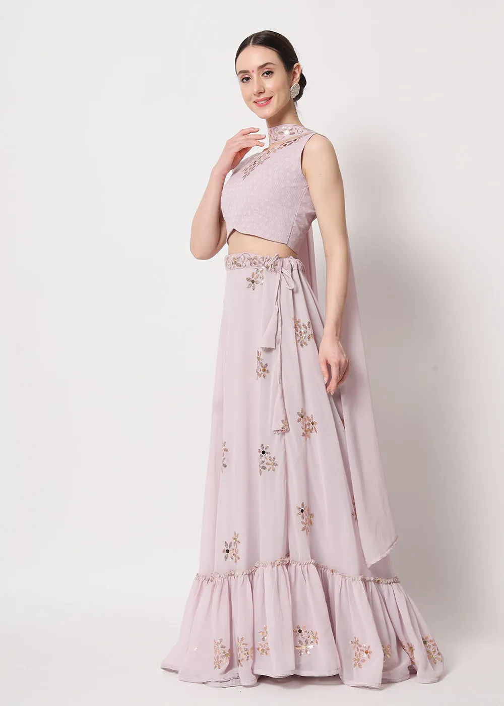 Party Wear Attractive Dusky Pink Georgette Patterned Lehenga Choli