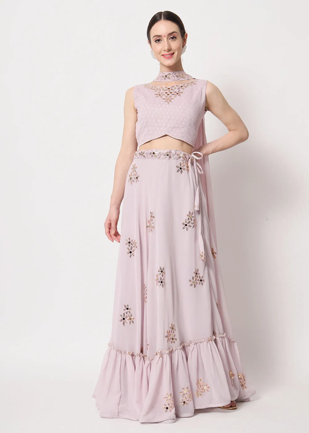 Party Wear Attractive Dusky Pink Georgette Patterned Lehenga Choli