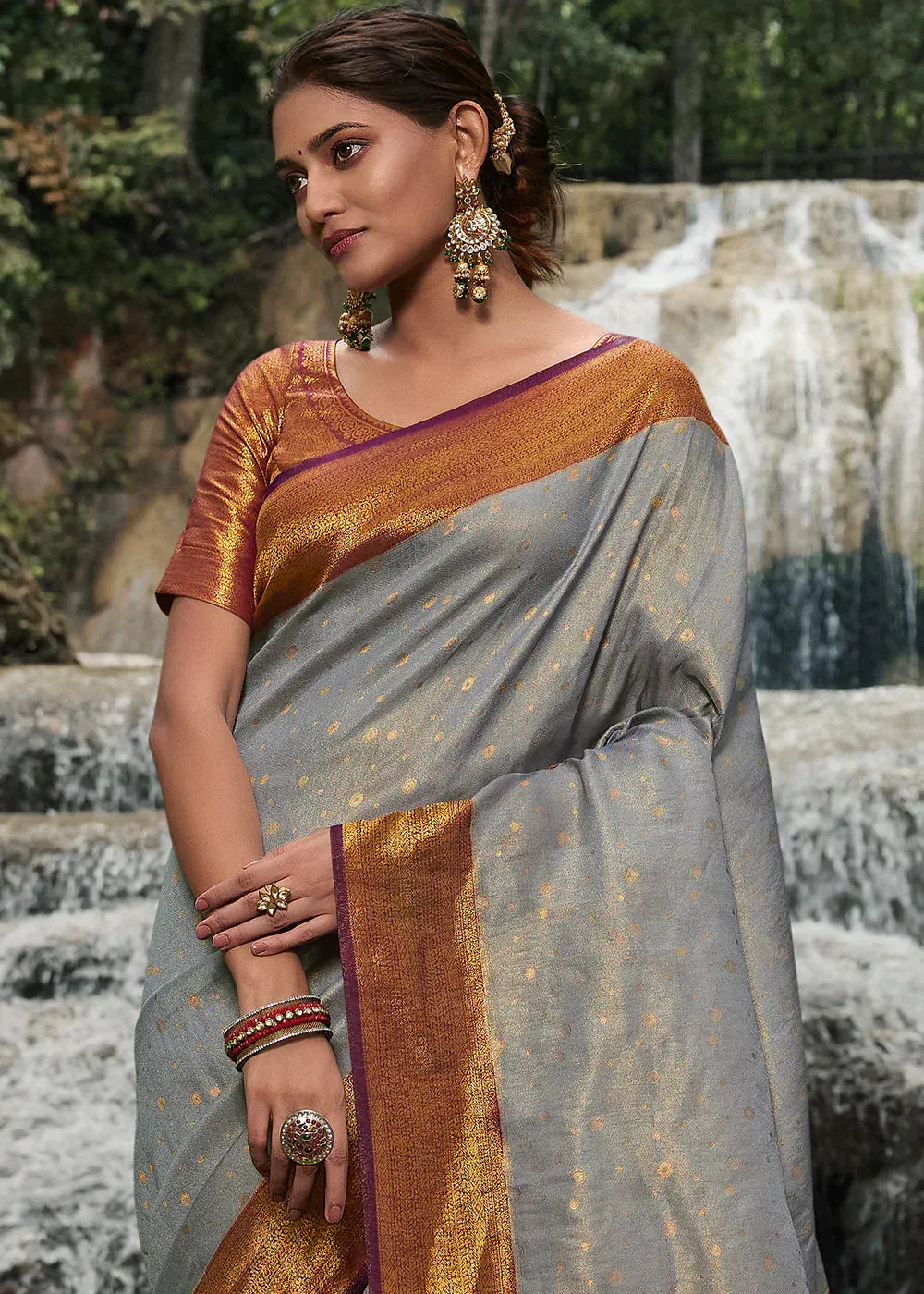 Pewter Grey Zari Woven Kanjivaram Silk Saree
