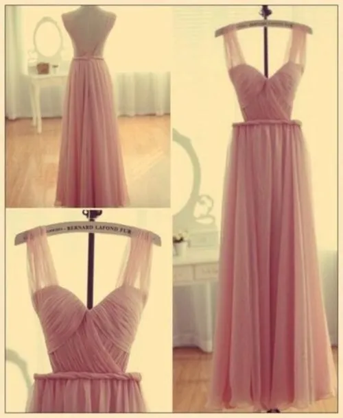 Pink Bridesmaid Gown Backless Chiffon Simple Bridesmaid Dress, Straps Prom Dress