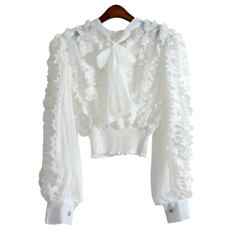 Pink Casual Patchwork Ruffle Lace Up Shirt Female Round Neck Long Sleeve Korean Slim Fashion Woman Blouses
