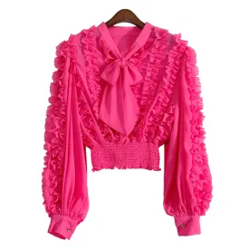 Pink Casual Patchwork Ruffle Lace Up Shirt Female Round Neck Long Sleeve Korean Slim Fashion Woman Blouses