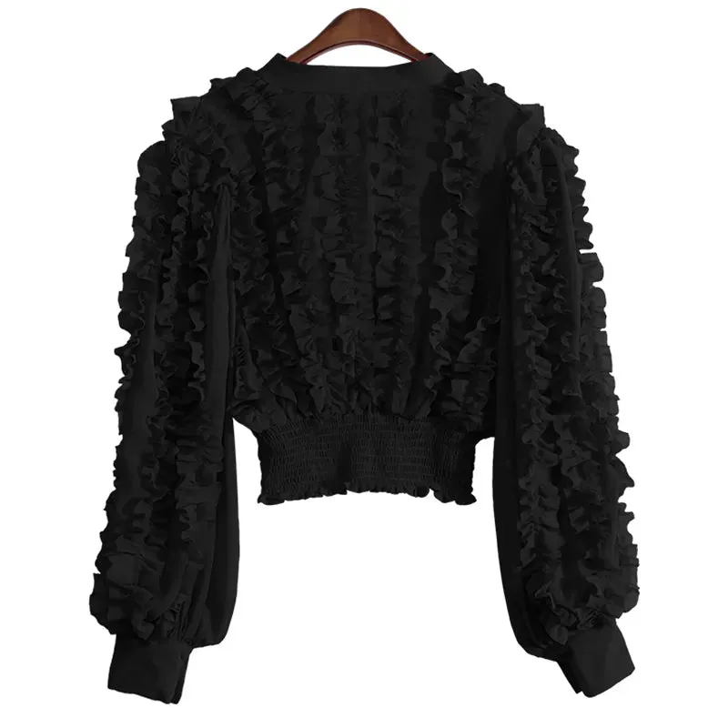 Pink Casual Patchwork Ruffle Lace Up Shirt Female Round Neck Long Sleeve Korean Slim Fashion Woman Blouses