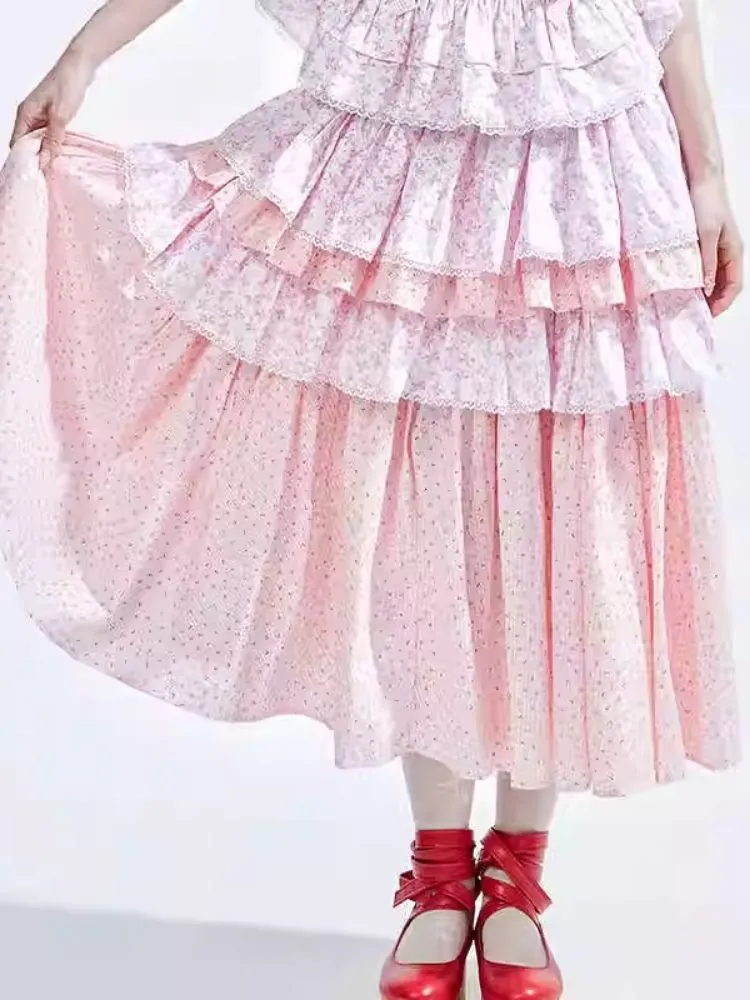 Pink Crushed Floral Long Skirt【s0000008233】