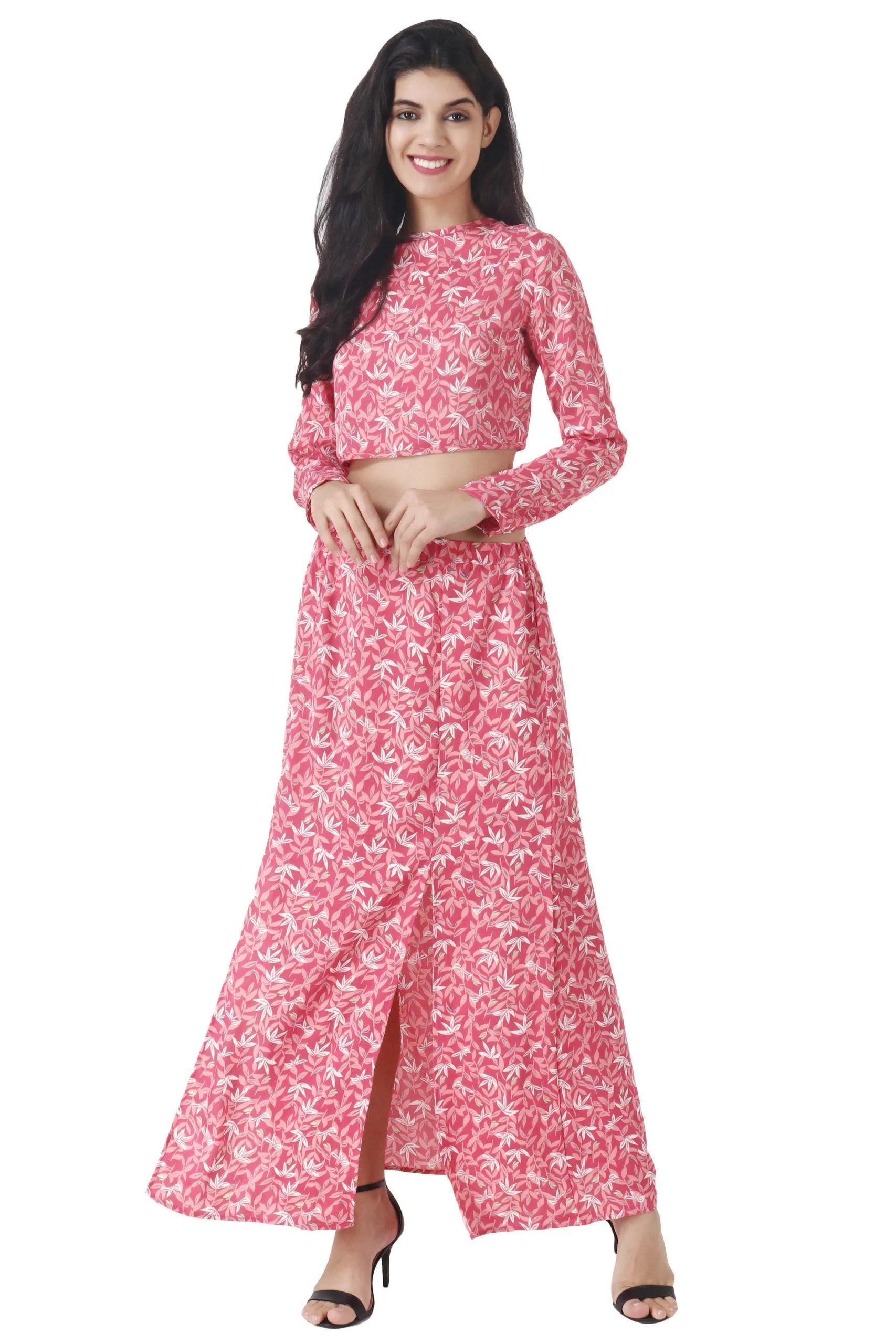 Pink Floral Printed Crop Top with Skirt