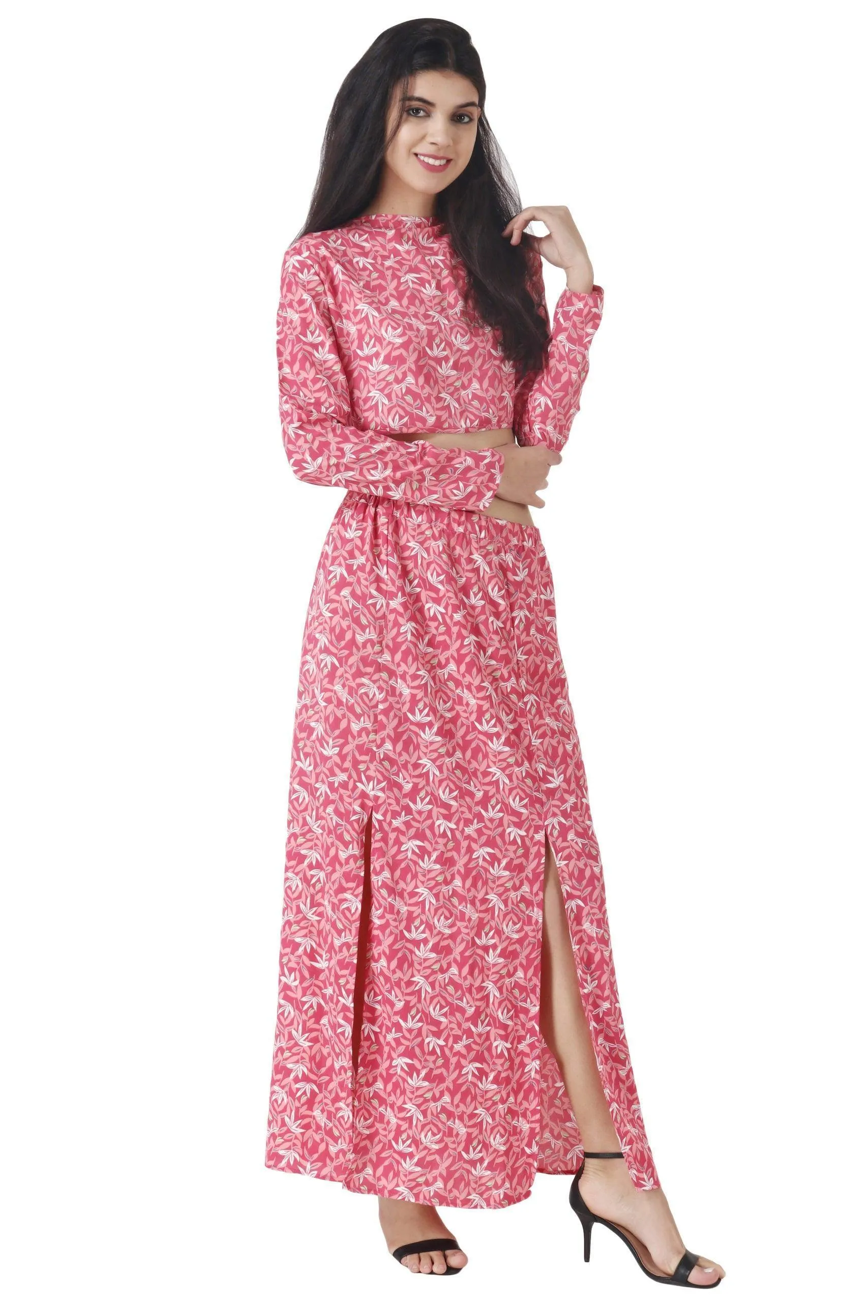Pink Floral Printed Crop Top with Skirt