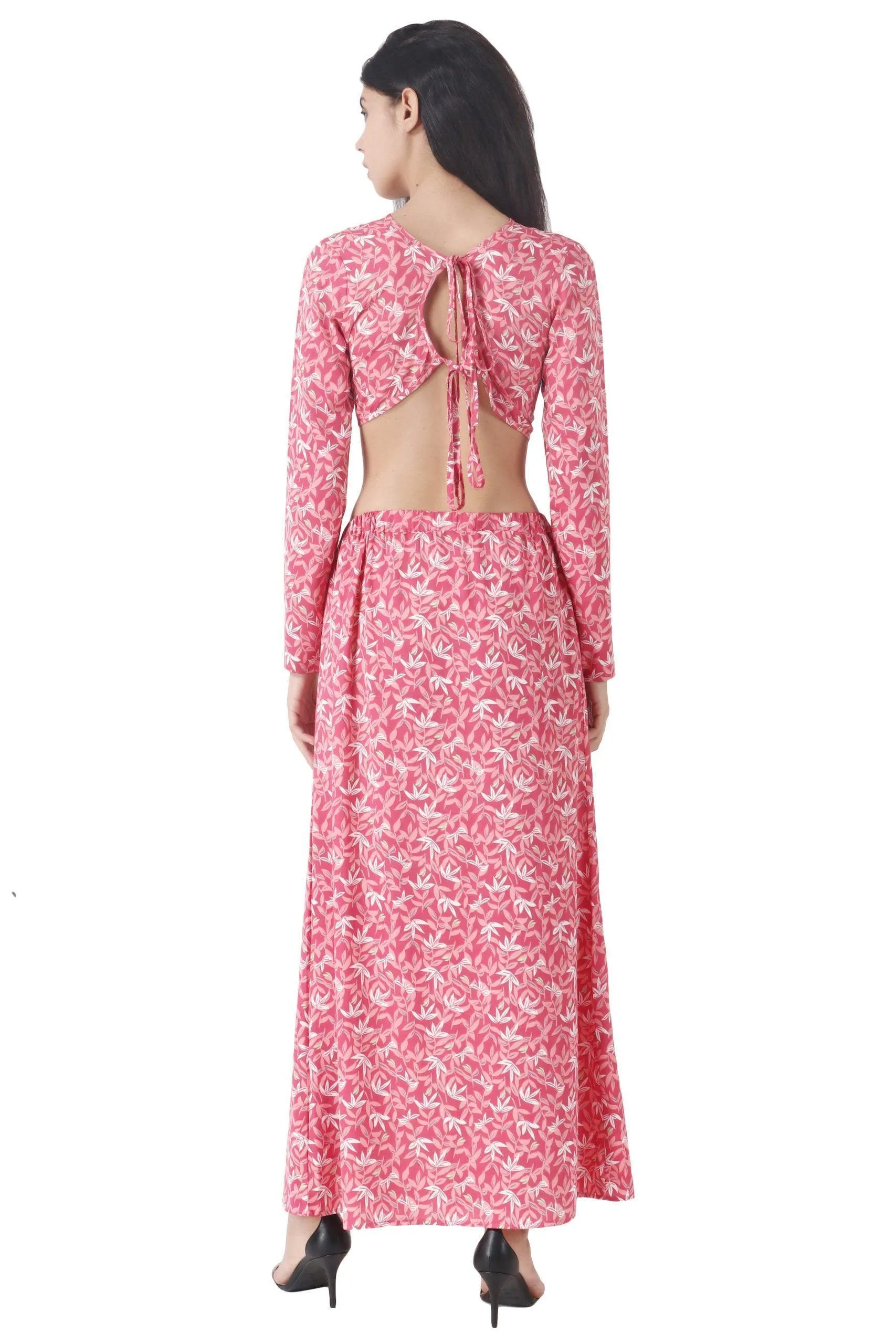 Pink Floral Printed Crop Top with Skirt