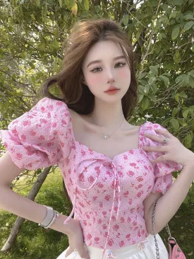 Pink Printed Sexy Puff Sleeve Women's Blouses Slim Waist Square Neck Lace-up Fashion Female Blouse Casual Office Ladies