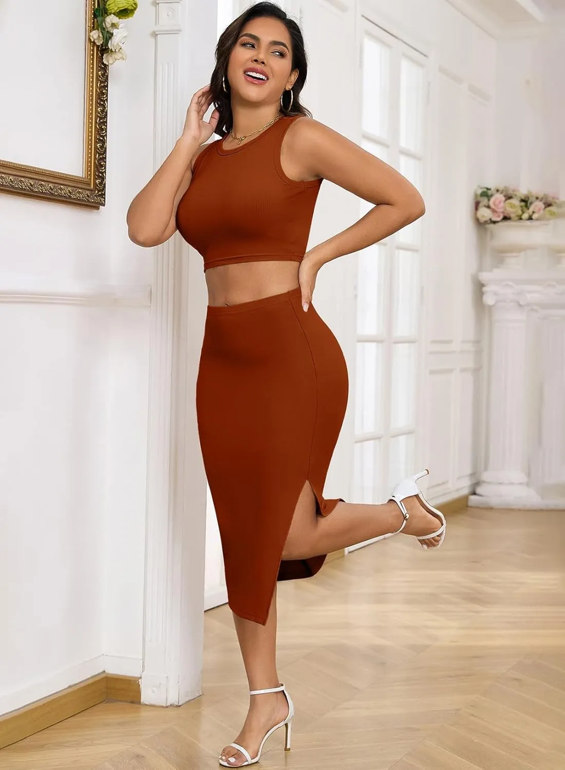 Pink Queen Women's 2 Piece Crew Neck Sleeveless Ribbed Tank Top Bodycon Slit Midi Skirt Outfit Dress Set