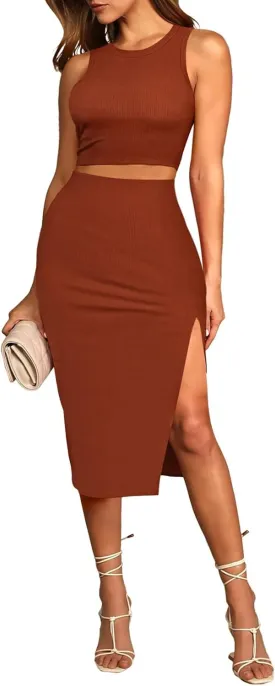 Pink Queen Women's 2 Piece Crew Neck Sleeveless Ribbed Tank Top Bodycon Slit Midi Skirt Outfit Dress Set