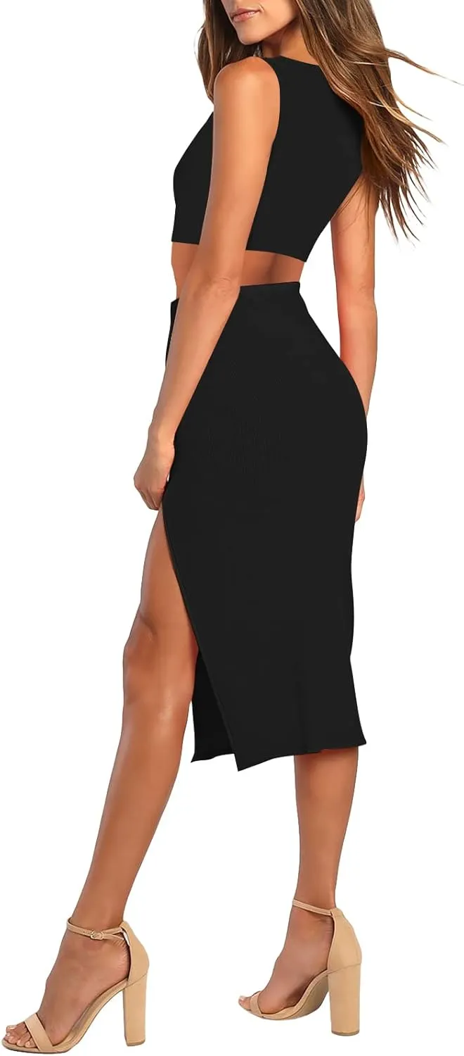 Pink Queen Women's 2 Piece Crew Neck Sleeveless Ribbed Tank Top Bodycon Slit Midi Skirt Outfit Dress Set