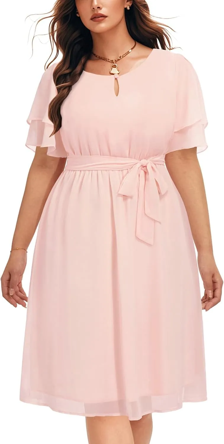 Pinup Fashion Plus Size Dresses for Wedding Guest - Semi Formal Cocktail Chiffon Keyhole Neck Knee Length Dress