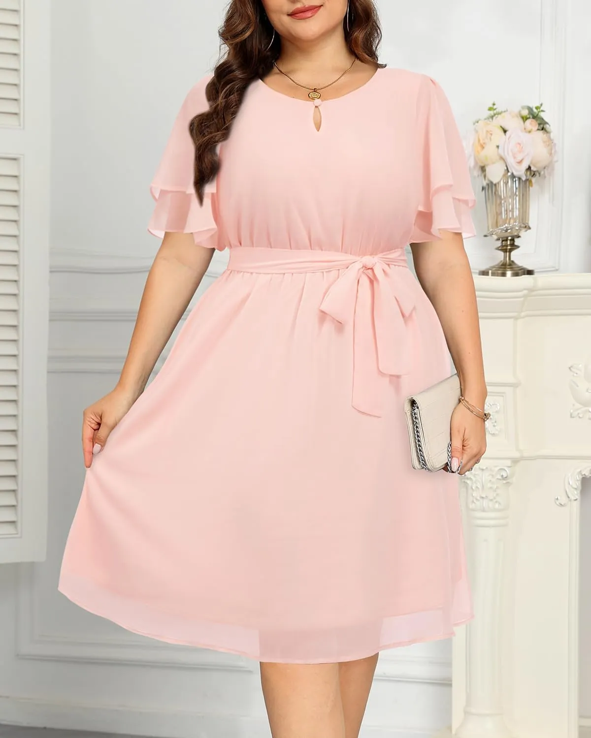 Pinup Fashion Plus Size Dresses for Wedding Guest - Semi Formal Cocktail Chiffon Keyhole Neck Knee Length Dress