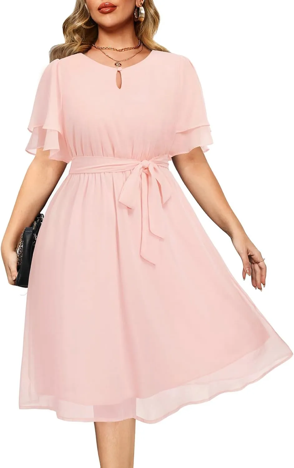 Pinup Fashion Plus Size Dresses for Wedding Guest - Semi Formal Cocktail Chiffon Keyhole Neck Knee Length Dress