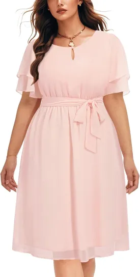 Pinup Fashion Plus Size Dresses for Wedding Guest - Semi Formal Cocktail Chiffon Keyhole Neck Knee Length Dress