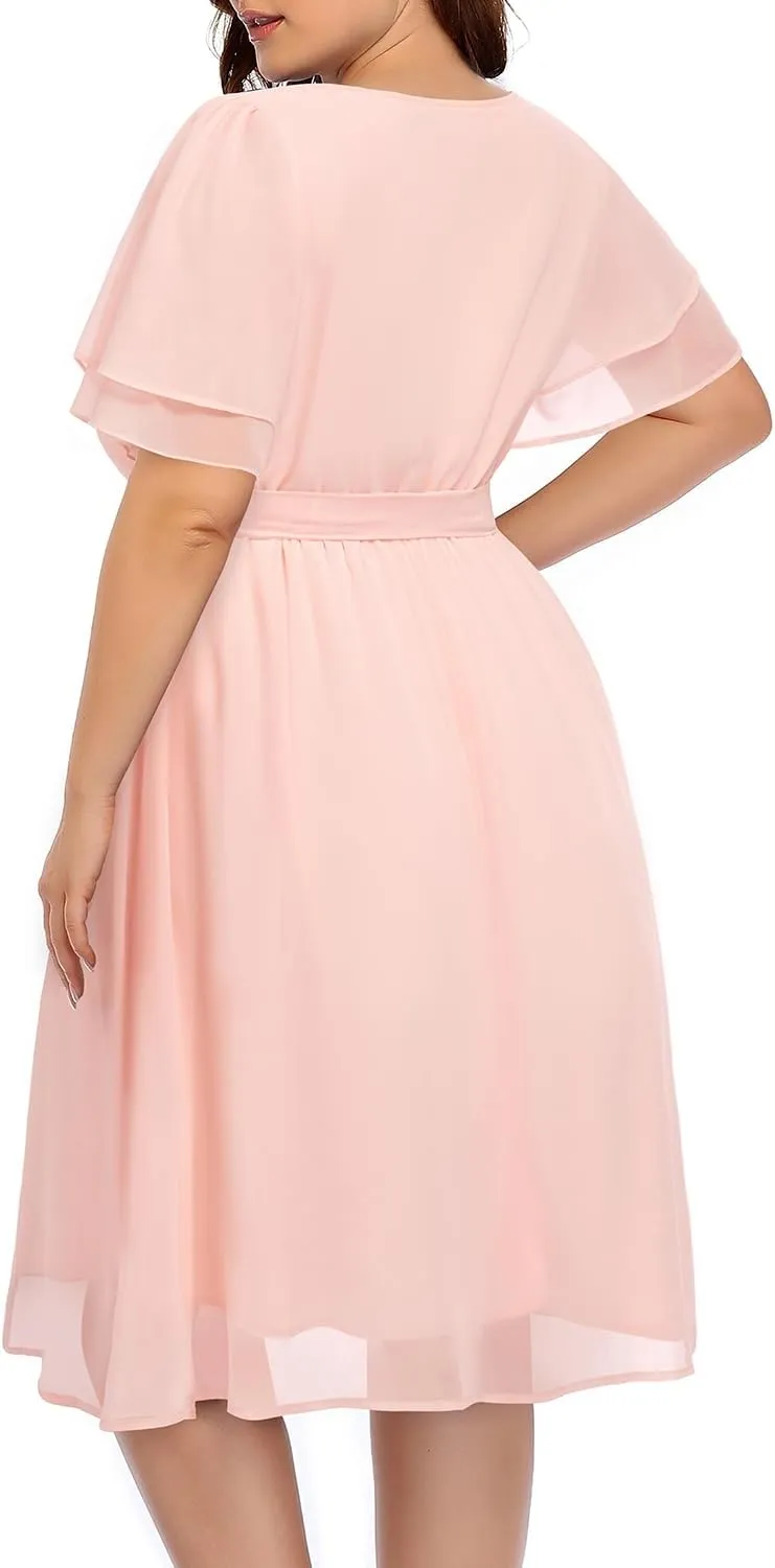 Pinup Fashion Plus Size Dresses for Wedding Guest - Semi Formal Cocktail Chiffon Keyhole Neck Knee Length Dress
