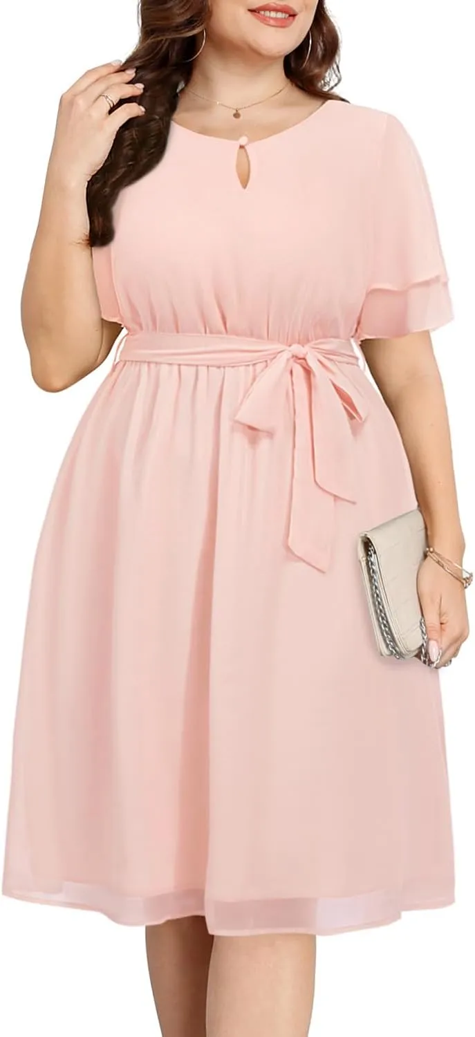 Pinup Fashion Plus Size Dresses for Wedding Guest - Semi Formal Cocktail Chiffon Keyhole Neck Knee Length Dress