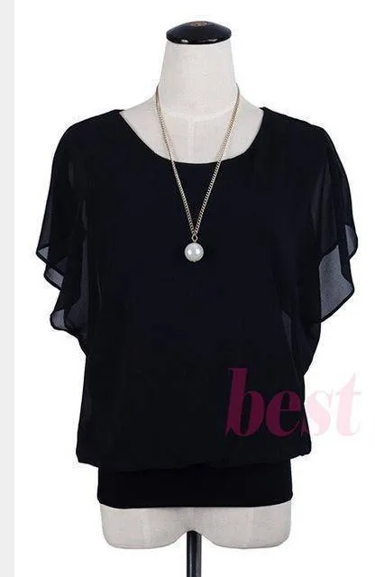 Plus Size - Chiffon Blouse Ruffle Batwing Sleeve  (US 8-20w)