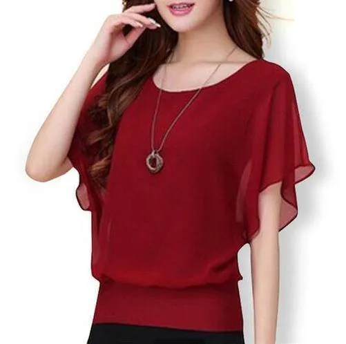 Plus Size - Chiffon Blouse Ruffle Batwing Sleeve  (US 8-20w)